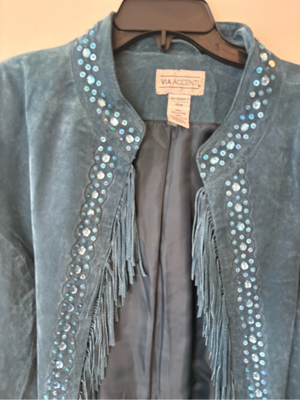 INSANE Y2K Women's Teal Suede Fringe Coat beaded event concert XL - Picture 6 of 13
